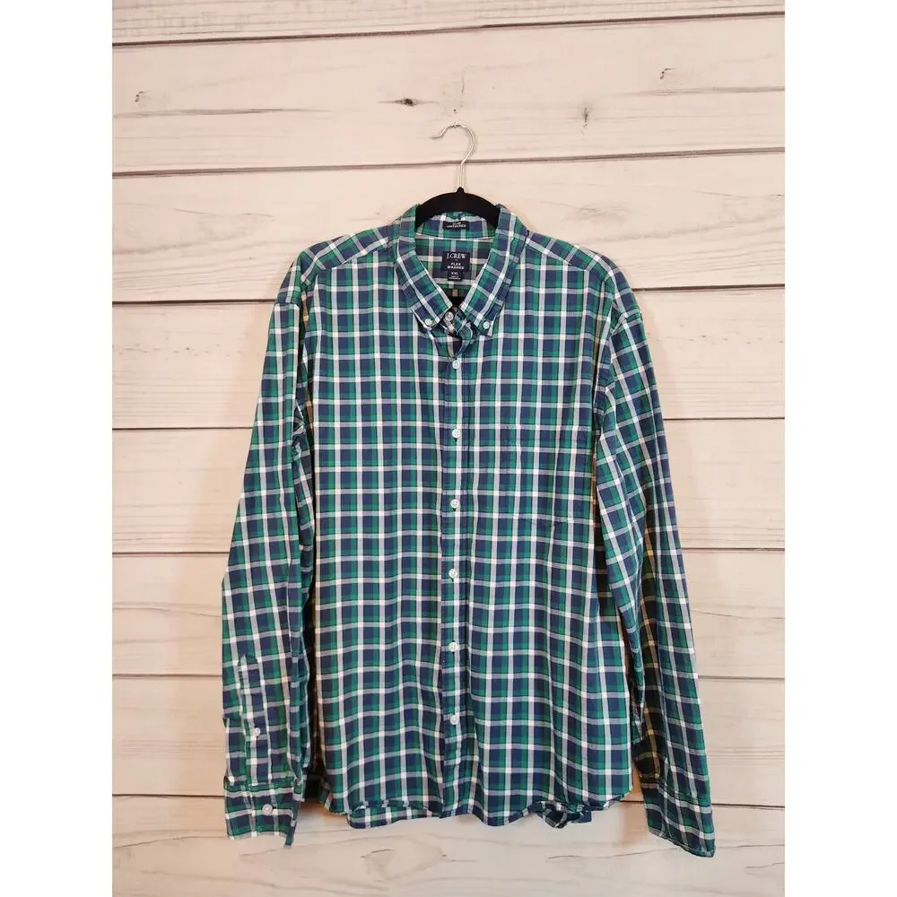 J.‎ Crew Men's Blue Green Plaid Flex Washed Slim Fit Button Down Shirt Size XXL